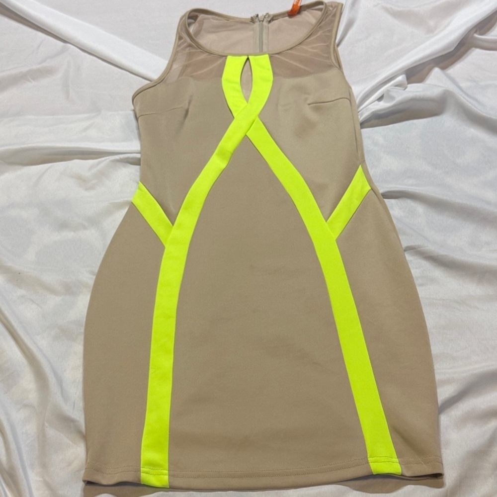Neon Panel Bodycon Mini Dress | Tan & Lime | Sleeveless Club / Night Out Dress